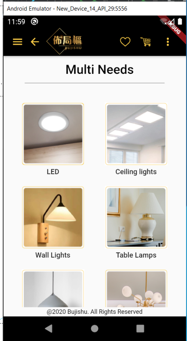 Product Catalog — Multi Needs section featuring LED, Ceiling lights, Wall lights & Table Lamps