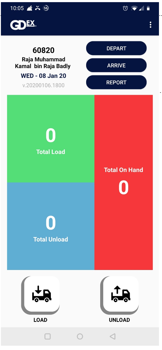 Operations Dashboard — Live load / unload / on-hand totals with Depart, Arrive & Report actions