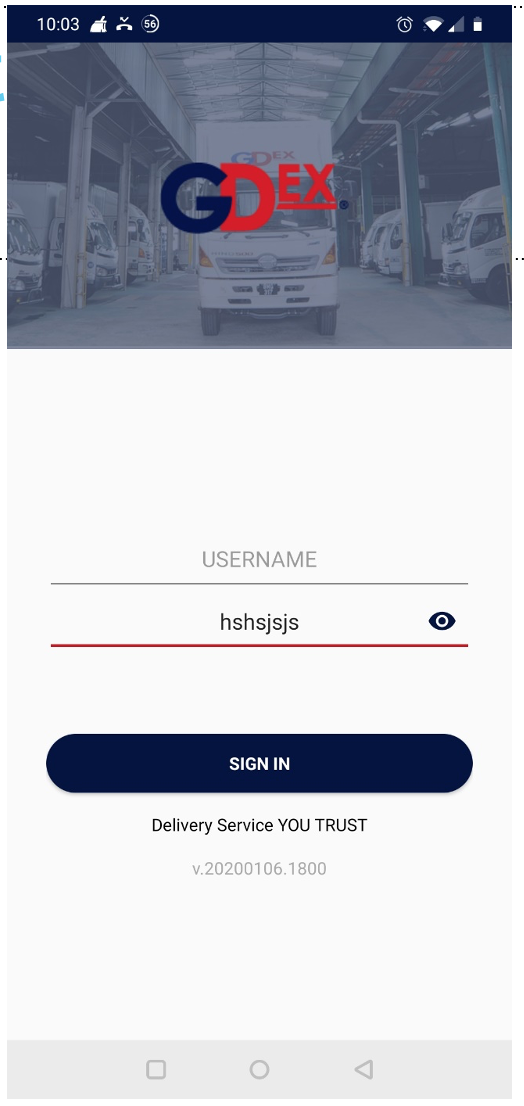 Login Screen — Staff authentication into the GDEX linehaul system