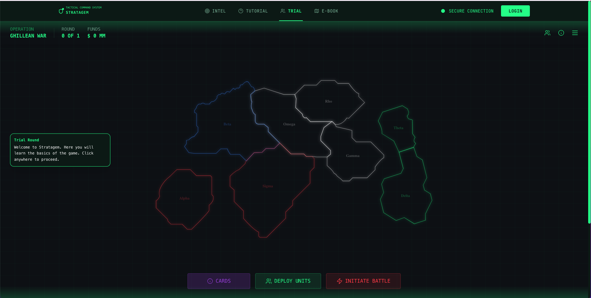 Trial Map — Multi-region tactical map with faction territories (Alpha, Sigma, Beta, Omega, Rho, Theta, Gamma, Delta) and battle controls